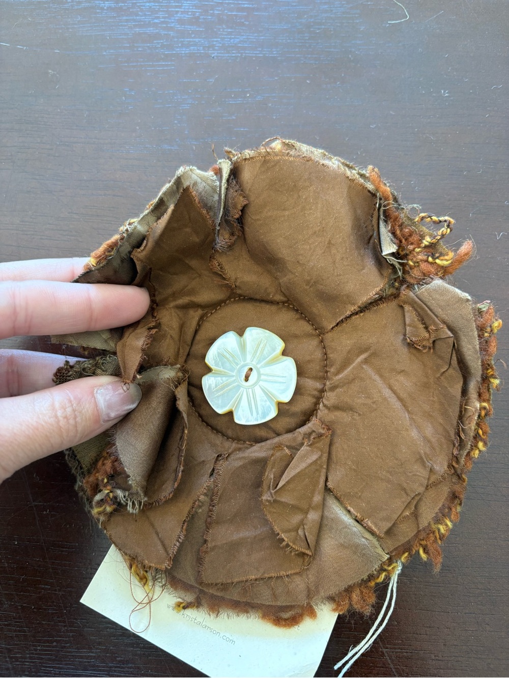 Brown Fabric Flower Brooch with Mother-of-Pearl Center
